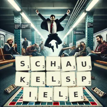 Kreative Illustration für ein Scrabble-Spiel, bei dem das Wort SCHAUKELSPIELE mit Steinen auf dem Brett gelegt wurde.