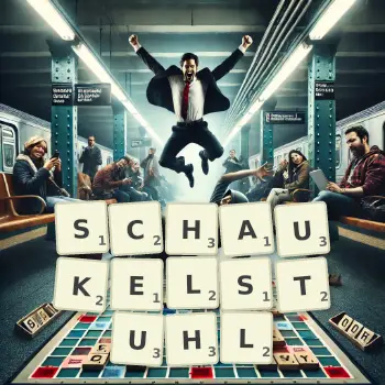 Kreative Illustration für ein Scrabble-Spiel, bei dem das Wort SCHAUKELSTUHL mit Steinen auf dem Brett gelegt wurde.