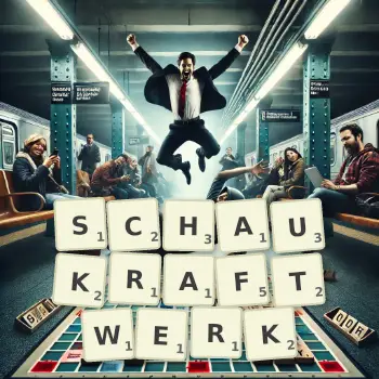 Kreative Illustration für ein Scrabble-Spiel, bei dem das Wort SCHAUKRAFTWERK mit Steinen auf dem Brett gelegt wurde.