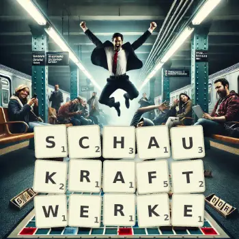 Kreative Illustration für ein Scrabble-Spiel, bei dem das Wort SCHAUKRAFTWERKE mit Steinen auf dem Brett gelegt wurde.