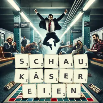 Kreative Illustration für ein Scrabble-Spiel, bei dem das Wort SCHAUKÄSEREIEN mit Steinen auf dem Brett gelegt wurde.
