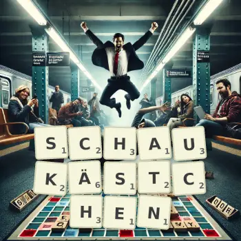 Kreative Illustration für ein Scrabble-Spiel, bei dem das Wort SCHAUKÄSTCHEN mit Steinen auf dem Brett gelegt wurde.