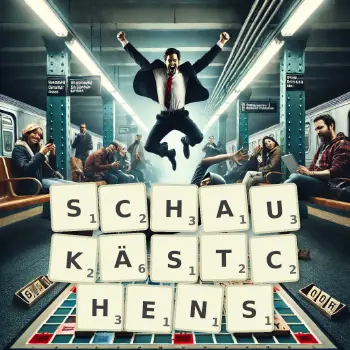 Kreative Illustration für ein Scrabble-Spiel, bei dem das Wort SCHAUKÄSTCHENS mit Steinen auf dem Brett gelegt wurde.