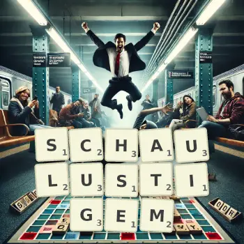 Kreative Illustration für ein Scrabble-Spiel, bei dem das Wort SCHAULUSTIGEM mit Steinen auf dem Brett gelegt wurde.