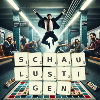Kreative Illustration für ein Scrabble-Spiel, bei dem das Wort SCHAULUSTIGEN mit Steinen auf dem Brett gelegt wurde.