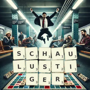 Kreative Illustration für ein Scrabble-Spiel, bei dem das Wort SCHAULUSTIGER mit Steinen auf dem Brett gelegt wurde.
