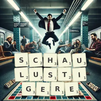 Kreative Illustration für ein Scrabble-Spiel, bei dem das Wort SCHAULUSTIGERE mit Steinen auf dem Brett gelegt wurde.