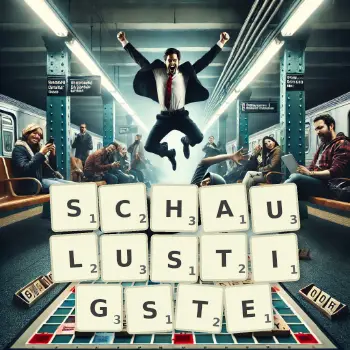 Kreative Illustration für ein Scrabble-Spiel, bei dem das Wort SCHAULUSTIGSTE mit Steinen auf dem Brett gelegt wurde.