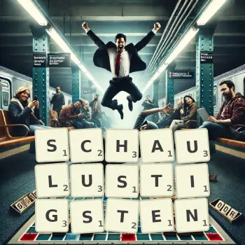 Kreative Illustration für ein Scrabble-Spiel, bei dem das Wort SCHAULUSTIGSTEN mit Steinen auf dem Brett gelegt wurde.