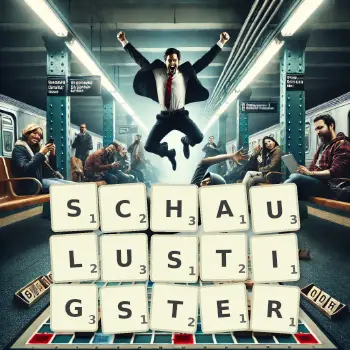 Kreative Illustration für ein Scrabble-Spiel, bei dem das Wort SCHAULUSTIGSTER mit Steinen auf dem Brett gelegt wurde.