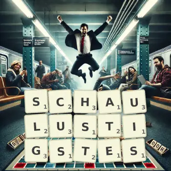 Kreative Illustration für ein Scrabble-Spiel, bei dem das Wort SCHAULUSTIGSTES mit Steinen auf dem Brett gelegt wurde.