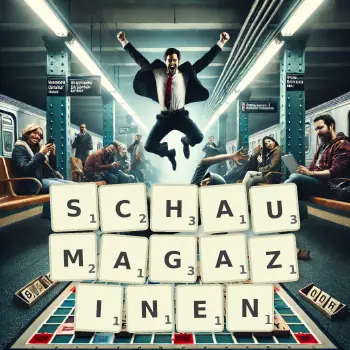 Kreative Illustration für ein Scrabble-Spiel, bei dem das Wort SCHAUMAGAZINEN mit Steinen auf dem Brett gelegt wurde.