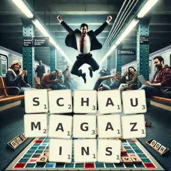 Kreative Illustration für ein Scrabble-Spiel, bei dem das Wort SCHAUMAGAZINS mit Steinen auf dem Brett gelegt wurde.