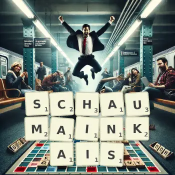 Kreative Illustration für ein Scrabble-Spiel, bei dem das Wort SCHAUMAINKAIS mit Steinen auf dem Brett gelegt wurde.