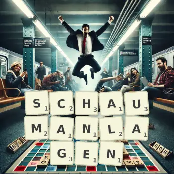 Kreative Illustration für ein Scrabble-Spiel, bei dem das Wort SCHAUMANLAGEN mit Steinen auf dem Brett gelegt wurde.