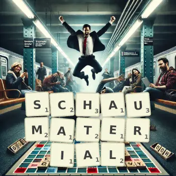 Kreative Illustration für ein Scrabble-Spiel, bei dem das Wort SCHAUMATERIAL mit Steinen auf dem Brett gelegt wurde.