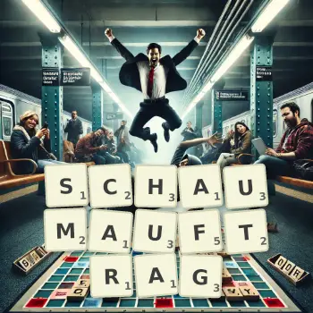 Kreative Illustration für ein Scrabble-Spiel, bei dem das Wort SCHAUMAUFTRAG mit Steinen auf dem Brett gelegt wurde.