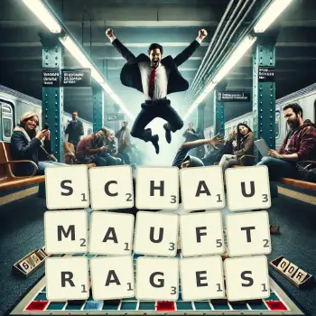 Kreative Illustration für ein Scrabble-Spiel, bei dem das Wort SCHAUMAUFTRAGES mit Steinen auf dem Brett gelegt wurde.
