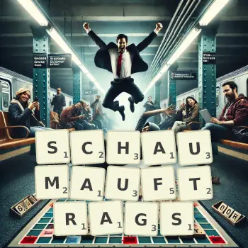 Kreative Illustration für ein Scrabble-Spiel, bei dem das Wort SCHAUMAUFTRAGS mit Steinen auf dem Brett gelegt wurde.