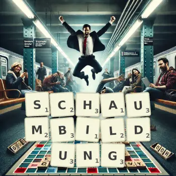Kreative Illustration für ein Scrabble-Spiel, bei dem das Wort SCHAUMBILDUNG mit Steinen auf dem Brett gelegt wurde.