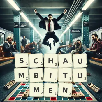 Kreative Illustration für ein Scrabble-Spiel, bei dem das Wort SCHAUMBITUMEN mit Steinen auf dem Brett gelegt wurde.
