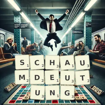 Kreative Illustration für ein Scrabble-Spiel, bei dem das Wort SCHAUMDEUTUNG mit Steinen auf dem Brett gelegt wurde.