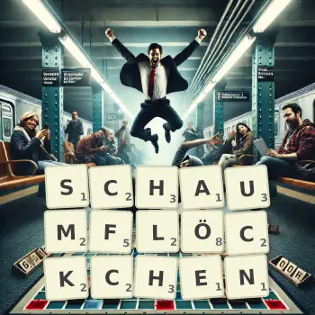 Kreative Illustration für ein Scrabble-Spiel, bei dem das Wort SCHAUMFLÖCKCHEN mit Steinen auf dem Brett gelegt wurde.