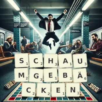 Kreative Illustration für ein Scrabble-Spiel, bei dem das Wort SCHAUMGEBÄCKEN mit Steinen auf dem Brett gelegt wurde.