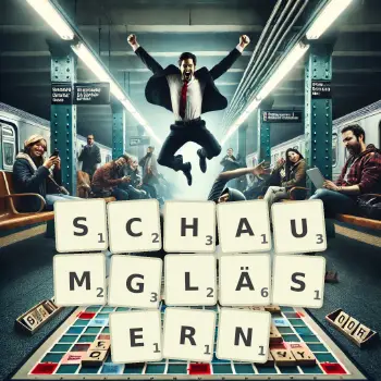 Kreative Illustration für ein Scrabble-Spiel, bei dem das Wort SCHAUMGLÄSERN mit Steinen auf dem Brett gelegt wurde.