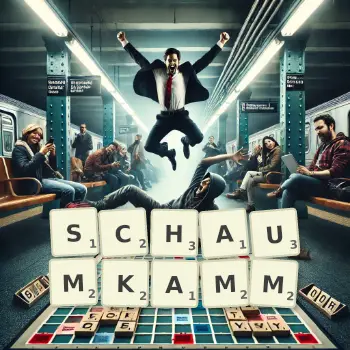 Kreative Illustration für ein Scrabble-Spiel, bei dem das Wort SCHAUMKAMM mit Steinen auf dem Brett gelegt wurde.