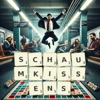 Kreative Illustration für ein Scrabble-Spiel, bei dem das Wort SCHAUMKISSENS mit Steinen auf dem Brett gelegt wurde.