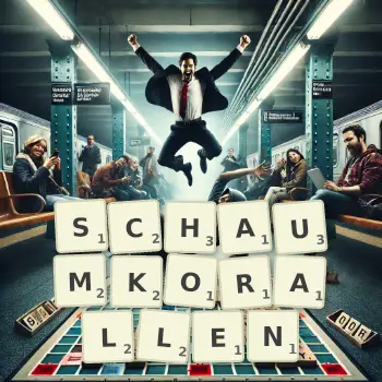 Kreative Illustration für ein Scrabble-Spiel, bei dem das Wort SCHAUMKORALLEN mit Steinen auf dem Brett gelegt wurde.