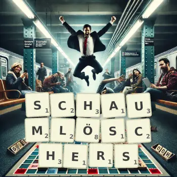 Kreative Illustration für ein Scrabble-Spiel, bei dem das Wort SCHAUMLÖSCHERS mit Steinen auf dem Brett gelegt wurde.