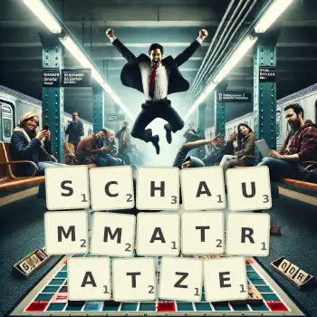 Kreative Illustration für ein Scrabble-Spiel, bei dem das Wort SCHAUMMATRATZE mit Steinen auf dem Brett gelegt wurde.