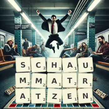 Kreative Illustration für ein Scrabble-Spiel, bei dem das Wort SCHAUMMATRATZEN mit Steinen auf dem Brett gelegt wurde.