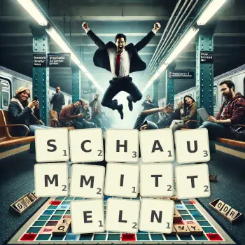 Kreative Illustration für ein Scrabble-Spiel, bei dem das Wort SCHAUMMITTELN mit Steinen auf dem Brett gelegt wurde.