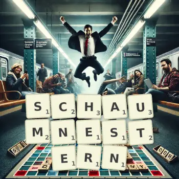 Kreative Illustration für ein Scrabble-Spiel, bei dem das Wort SCHAUMNESTERN mit Steinen auf dem Brett gelegt wurde.