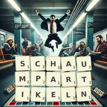 Kreative Illustration für ein Scrabble-Spiel, bei dem das Wort SCHAUMPARTIKELN mit Steinen auf dem Brett gelegt wurde.