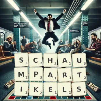 Kreative Illustration für ein Scrabble-Spiel, bei dem das Wort SCHAUMPARTIKELS mit Steinen auf dem Brett gelegt wurde.