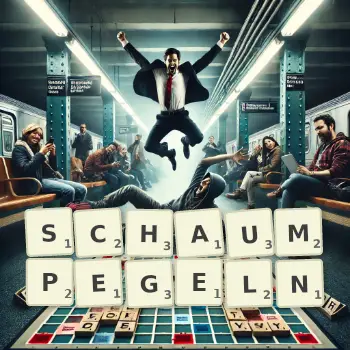 Kreative Illustration für ein Scrabble-Spiel, bei dem das Wort SCHAUMPEGELN mit Steinen auf dem Brett gelegt wurde.