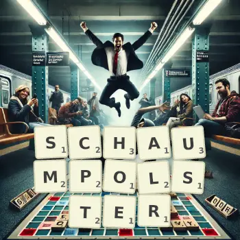 Kreative Illustration für ein Scrabble-Spiel, bei dem das Wort SCHAUMPOLSTER mit Steinen auf dem Brett gelegt wurde.