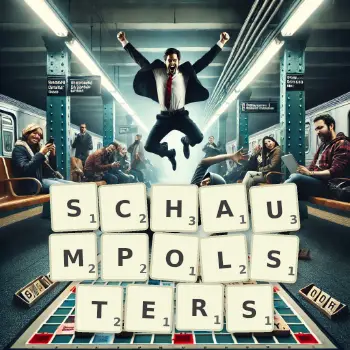 Kreative Illustration für ein Scrabble-Spiel, bei dem das Wort SCHAUMPOLSTERS mit Steinen auf dem Brett gelegt wurde.