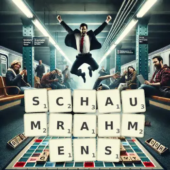 Kreative Illustration für ein Scrabble-Spiel, bei dem das Wort SCHAUMRAHMENS mit Steinen auf dem Brett gelegt wurde.