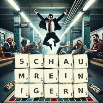 Kreative Illustration für ein Scrabble-Spiel, bei dem das Wort SCHAUMREINIGERN mit Steinen auf dem Brett gelegt wurde.