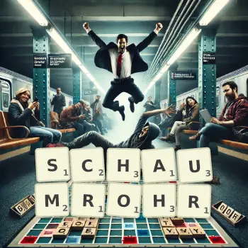 Kreative Illustration für ein Scrabble-Spiel, bei dem das Wort SCHAUMROHR mit Steinen auf dem Brett gelegt wurde.
