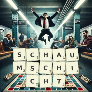 Kreative Illustration für ein Scrabble-Spiel, bei dem das Wort SCHAUMSCHICHT mit Steinen auf dem Brett gelegt wurde.