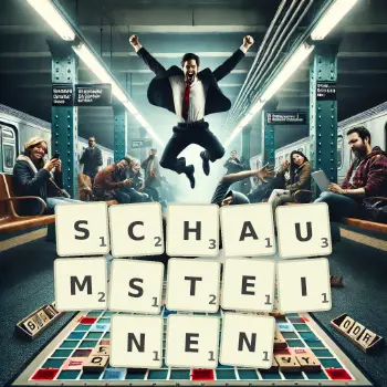 Kreative Illustration für ein Scrabble-Spiel, bei dem das Wort SCHAUMSTEINEN mit Steinen auf dem Brett gelegt wurde.