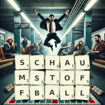 Kreative Illustration für ein Scrabble-Spiel, bei dem das Wort SCHAUMSTOFFBALL mit Steinen auf dem Brett gelegt wurde.