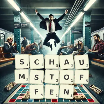 Kreative Illustration für ein Scrabble-Spiel, bei dem das Wort SCHAUMSTOFFEN mit Steinen auf dem Brett gelegt wurde.