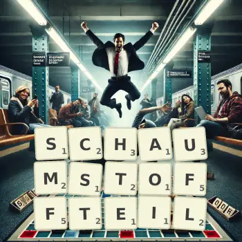 Kreative Illustration für ein Scrabble-Spiel, bei dem das Wort SCHAUMSTOFFTEIL mit Steinen auf dem Brett gelegt wurde.